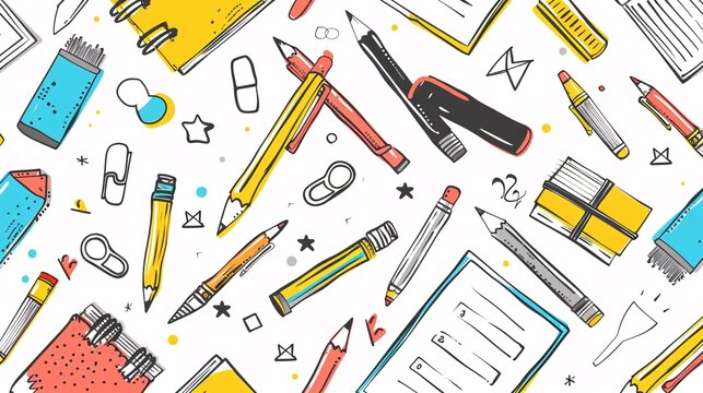 07250736 279. A creative seamless pattern with black line doodle illustrations of school supplies, including pencils, pens, and notebooks, isolated on a white background, designed to form a cohesive