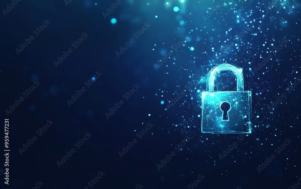 Poster a glowing blue padlock symbol on a dark blue background with bokeh lights.