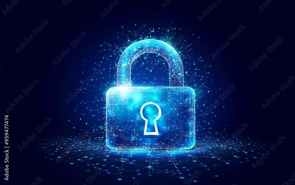 Poster a glowing blue padlock made of digital particles, symbolizing cyber security and data protection.