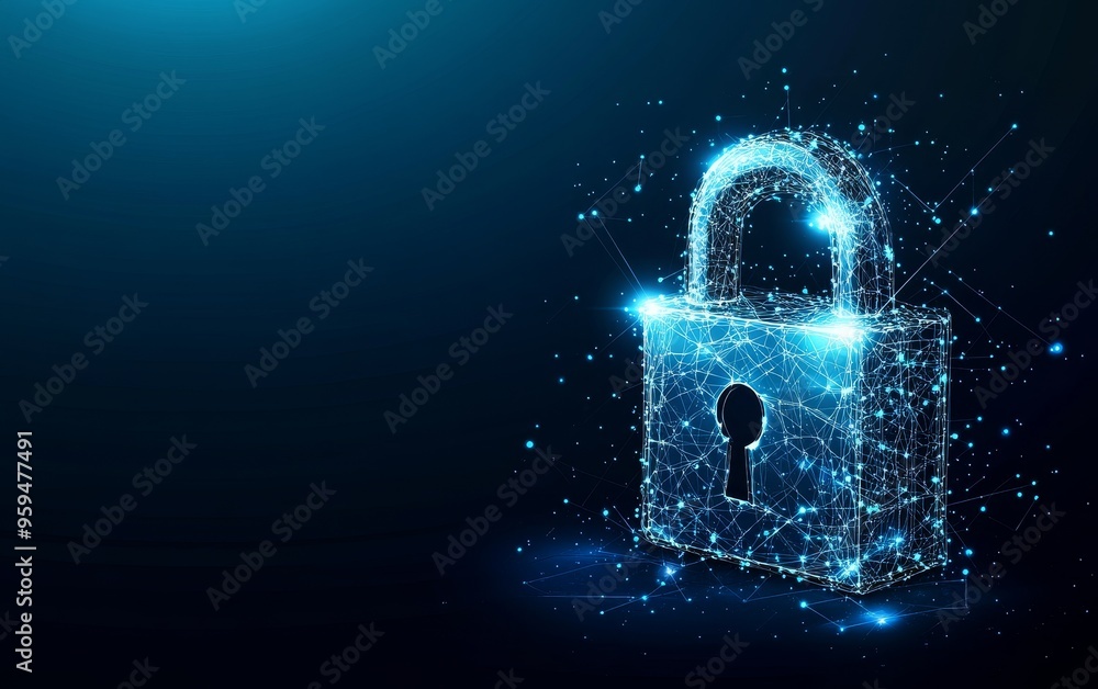 Aufkleber a glowing padlock made of connected lines and dots against a dark blue background.