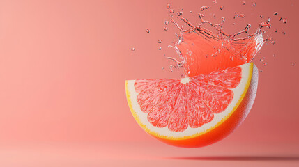 Refreshing slice of grapefruit splashing in water on a vibrant pink background, perfect for summer drink promotions.