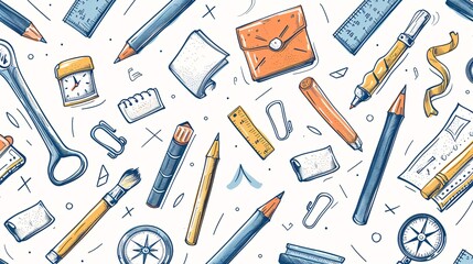 Obraz premium 07250736 298. A detailed seamless pattern showcasing hand-drawn school supplies like pens, compasses, glue sticks, and notepads, rendered in a vector style, ideal for educational and back-to-school
