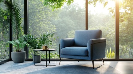Fototapeta premium Blue armchair with a side table and plants by the window in a modern living room.