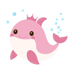 Cute Dolphin Cartoon Character Wearing Crown Swimming in the Sea with Happy Expression