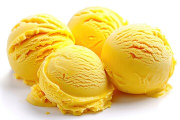 Mango Ice Cream Balls Trio on White Background. Fresh and Delicious Dessert