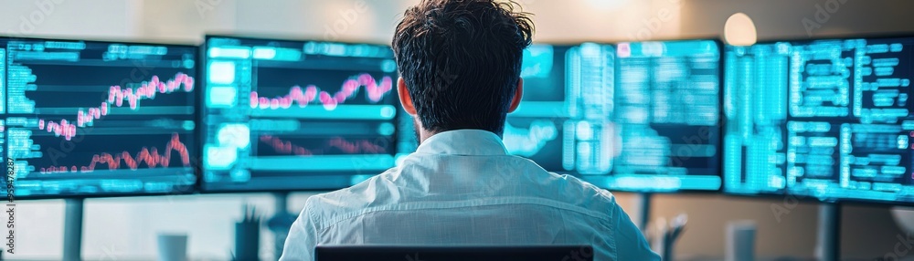 Poster a focused professional analyzes multiple data screens in a modern workspace, showcasing technology a