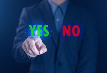 Businessman thinks and chooses correct symbol. Yes or no decision. Decision making concept.
