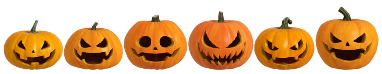Group of 3D isolated Halloween Pumpkin with face cutout and transparent background