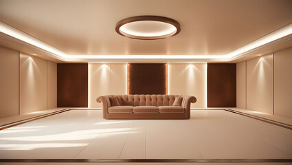  A majestic 3D rendering of a expansive living room, bathed in soft, warm light, with a predominantly beige and white color palette