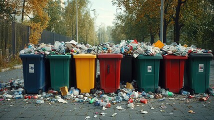 Trash scattered around overflowing bins in a park, photorealistic, litter issue, public space pollution, environmental hazard, high detail
