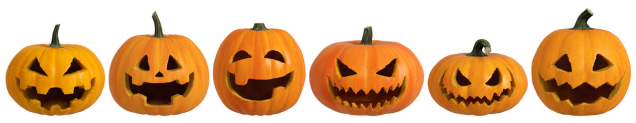 Group of 3D isolated Halloween Pumpkin with face cutout and transparent background