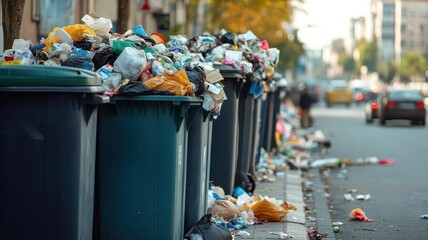 Garbage spilling from overflowing bins in a busy area, photorealistic, urban litter problem, environmental concern, waste management issue