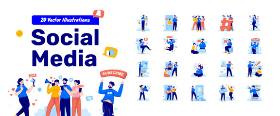 Naklejka premium Illustrations set of people with social media, Online communication networking cartoon collection set