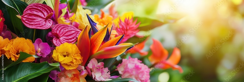 Poster bright tropical flowers such as orchids and anthuriums create a stunning and colorful bouquet perfec