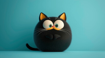 A round, fluffy black cat with wide, curious eyes, set against a vibrant teal background. The perfect combination of adorable and quirky, this character is ideal for playful branding or mascot design.