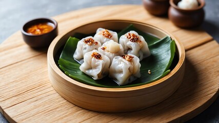 chinese dim sum dish cheong fun isolated on a wooden plate, concept for advertisement background