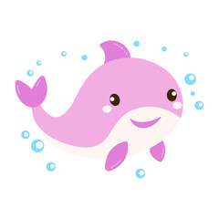 Cute Dolphin Cartoon Character Swimming in the Sea with Happy Expression