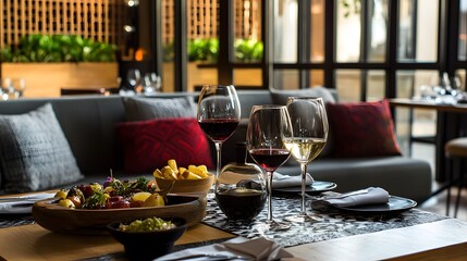 A plush seating area with wine and tapas beautifully arranged on a table
