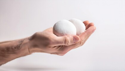 White hands of man holding mochi on white background isolated