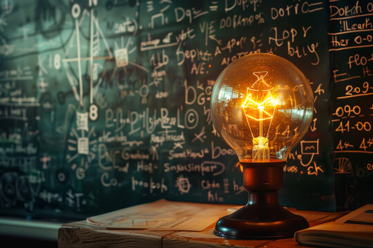  Glowing lamp surrounded by physical and mathematical formulas for science and education