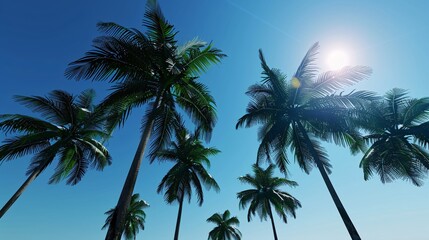 A stunning view of tall palm trees silhouetted against a clear blue sky, with their fronds swaying gently in the breeze. The scene is serene and tropical