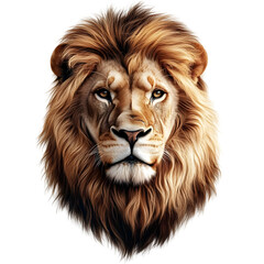 Fototapeta premium Close-up portrait of a majestic lion with a flowing mane staring intensely at the camera isolated on a transparent background.