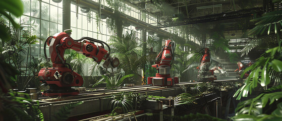 Obraz premium Futuristic Industrial Robots in a Tropical Factory Assembling Parts for Renewable Energy Technologies