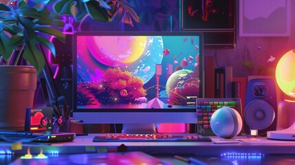 Naklejka premium An imaginative scene where a computer screen displays a vivid, colorful illustration being generated by artificial intelligence. The environment is a modern workspace with digital art tools and