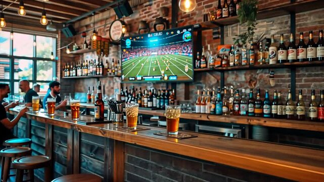 Game Day Cheers: The energy of a bustling sports bar is captured in this inviting image, with patrons gathered around the bar, their eyes glued to the big-screen TV broadcasting a thrilling game.  The