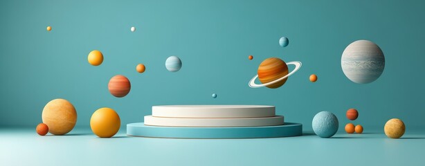 podium in outer space with planets orbiting around flat design side view sci-fi theme 3D render Complementary Color Scheme, copy space for text