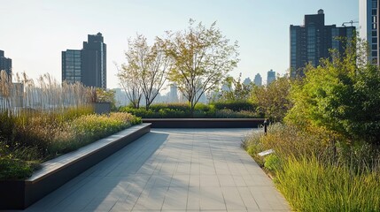 Fototapeta premium Rooftop Garden with Cityscape Views and Benches