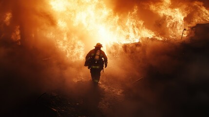 Firefighter walks through smoke and flames during a fire.