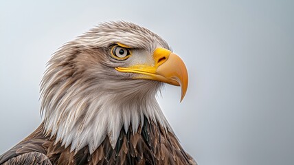 Obraz premium A striking side profile of a majestic eagle, showcasing its sharp beak and intense gaze against a soft background.
