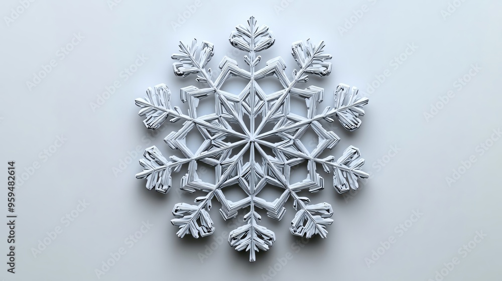 Poster Intricate white snowflake design showcasing unique patterns on a soft background, perfect for winter-themed projects.