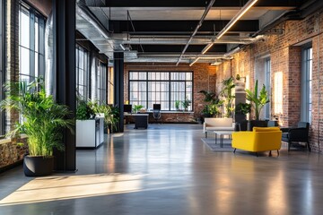 Modern loft office space with exposed brick walls, large windows, and industrial style furniture.