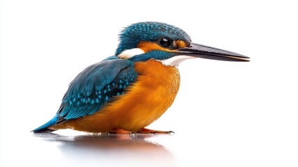 A vibrant kingfisher perched gracefully, showcasing its striking blue and orange plumage and sharp beak against a white background.