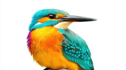 Fototapeta premium Close-up portrait of a vibrant kingfisher bird, showcasing its colorful feathers and striking features against a white background.