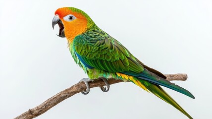Fototapeta premium Colorful parrot perched on a branch, showcasing vibrant feathers and playful demeanor, a perfect symbol of tropical wildlife.