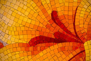 Close up view of ceramic mosaic tiles floral decoration.