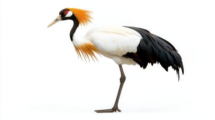 Fototapeta premium Stunning profile of a majestic crane with vibrant plumage, showcasing its elegance and grace against a white background.