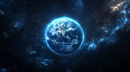 Obraz premium A glowing blue Earth in space, surrounded by stars.