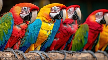 Fototapeta premium Vibrant macaws showcasing stunning colors, perched in a row, highlighting their beauty and diversity in nature.