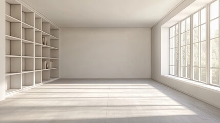 Obraz premium Minimalist White Room with Bookshelf and Large Window