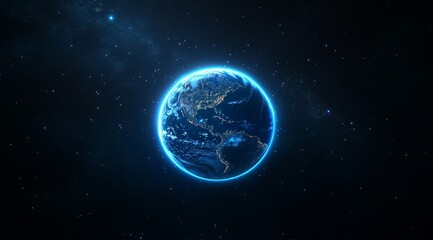 A vibrant blue Earth, seen from space, against a dark background of stars.