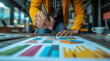 Obraz premium A businessman analyzes a pie chart and bar graph, looking for insights into the data.