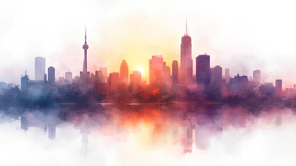 Fototapeta premium In the center of a plain white background a vibrant wallpaper art masterpiece showcases the stunning scene of The City of Awe