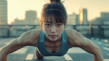 Smiling fit woman with long hair exercising in a gym
