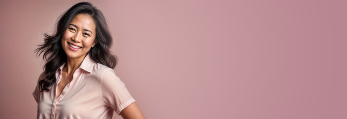 Fit and beautiful 45 year old asian american woman smiling regular fit banner with empty space for text and design