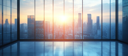 Fototapeta premium Modern office interior featuring panoramic floor-to-ceiling windows overlooking a city skyline at dusk