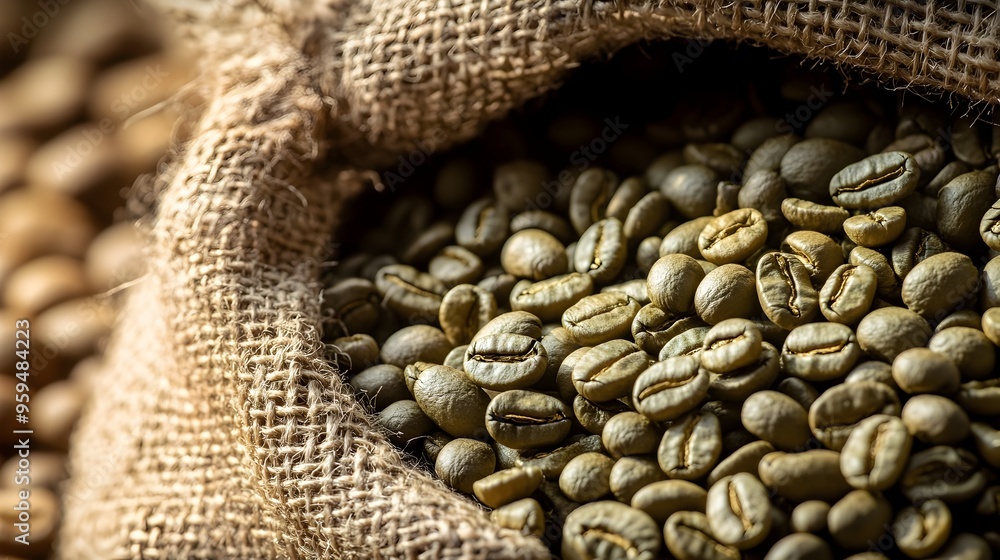 Poster close up view of raw green coffee beans in a rustic burlap sack providing ample copy space at the to